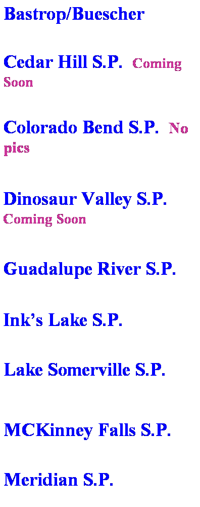 Text Box: Bastrop/Buescher 
 
 
Cedar Hill S.P.  Coming Soon
 
Colorado Bend S.P.  No pics
 
 
Dinosaur Valley S.P. Coming Soon
 
Guadalupe River S.P.
 
 
Ink’s Lake S.P.
 
Lake Somerville S.P.
 
 
MCKinney Falls S.P.
 
Meridian S.P.
 
 
